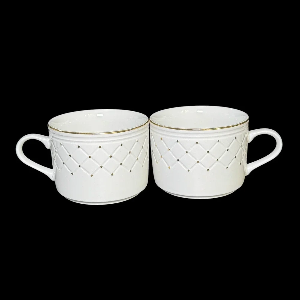 Gibson Golden Basket Flat Coffee Cup White and Gold‎ Set of 4
